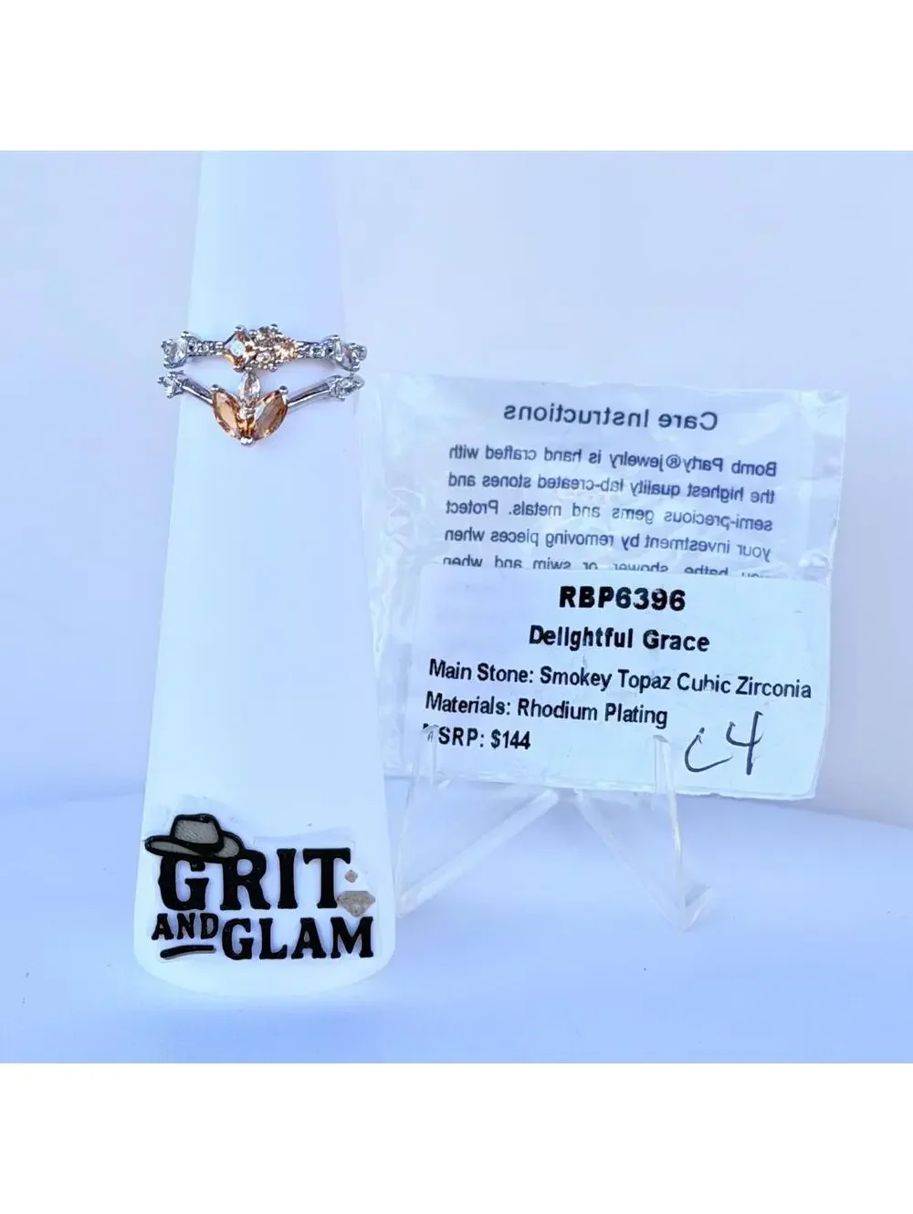 Bomb Party 2pc Ring Sz 8 “Delightful Grace” Smokey Topaz on Rhodium